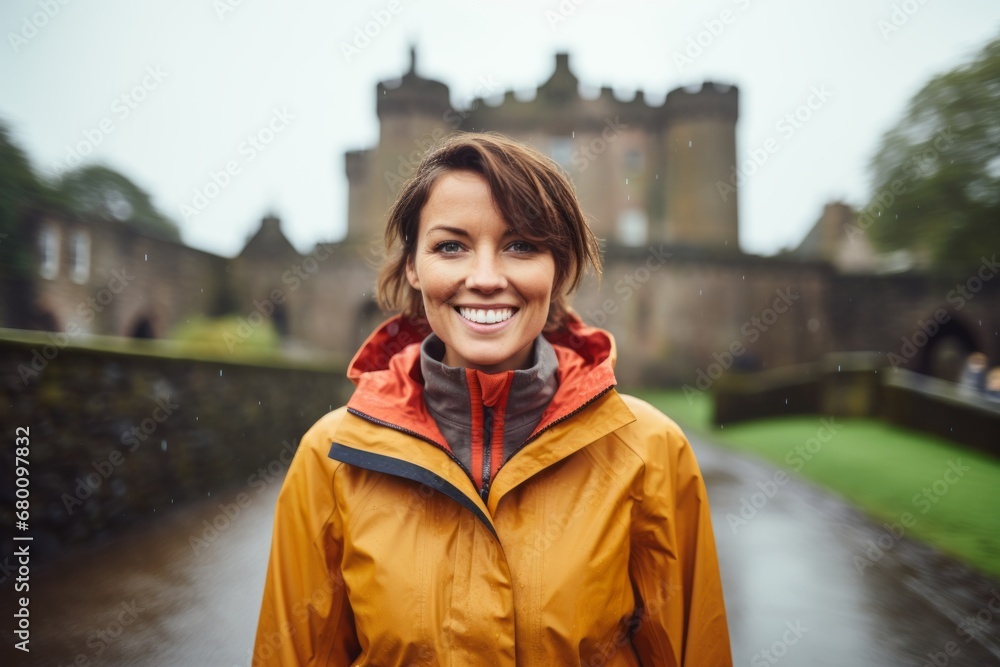 Fototapeta premium Portrait of a cheerful woman in her 40s sporting a waterproof rain jacket against a historic castle backdrop. AI Generation
