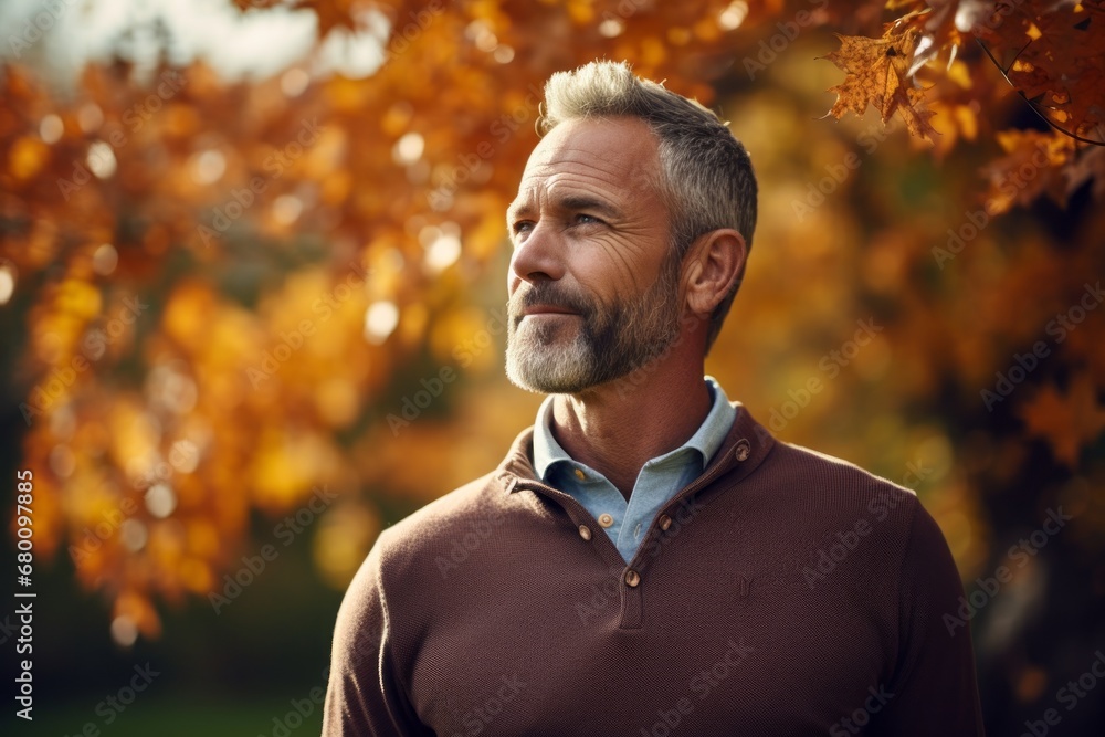 Obraz premium Portrait of a blissful man in his 50s wearing a breathable golf polo against a background of autumn leaves. AI Generation