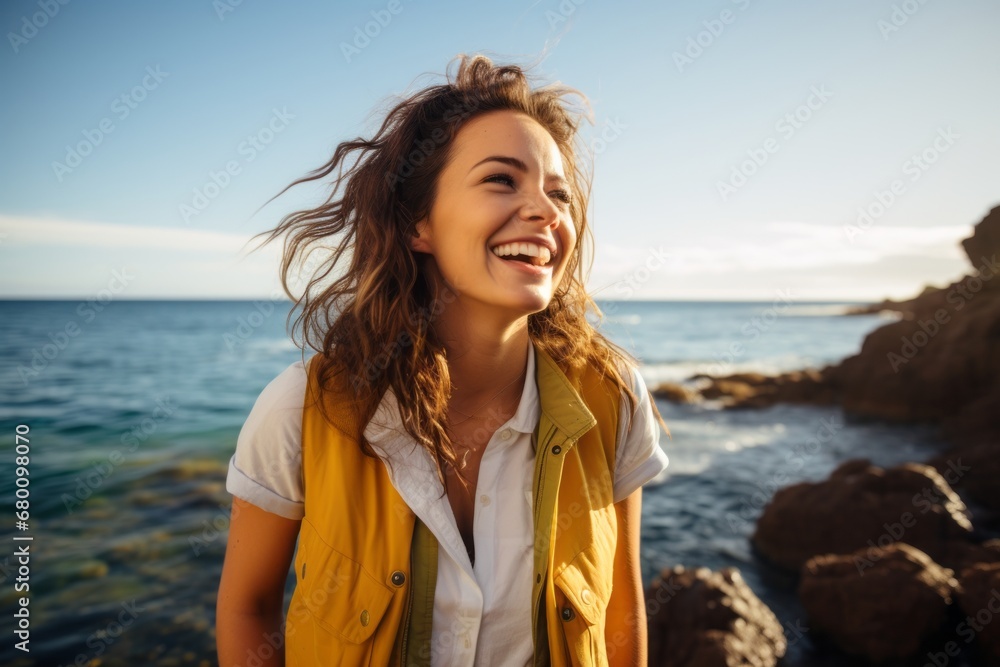 Portrait of a cheerful woman in her 20s dressed in a polished vest against a stunning ocean reef. AI Generation Portrait of a cheerful woman in her 20s dressed in a polished vest against a stunning ocean reef. AI Generation