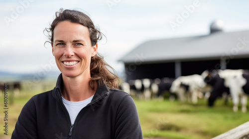 jeune femme agricultrice à la tête d'une exploitation d'élevage de vache laitière photo