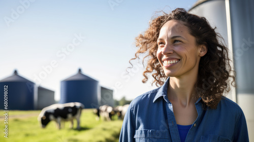 jeune femme agricultrice à la tête d'une exploitation d'élevage de vache laitière