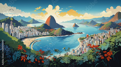 Drawing of Rio with landmark and popular for tourist attractions photo