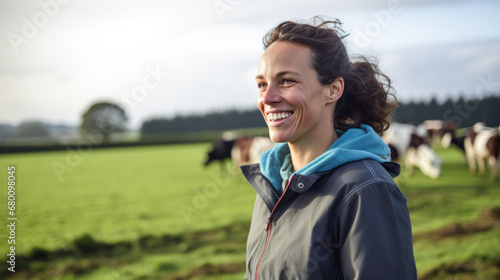 jeune femme agricultrice à la tête d'une exploitation d'élevage de vache laitière photo