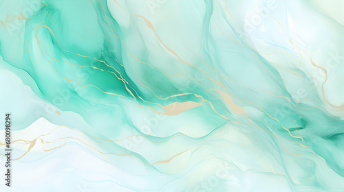 Pastel cyan mint liquid marble watercolor background, white lines and brush stains. Teal turquoise marble alcohol ink drawing effect, backdrop, watercolour wedding invitation template. Generative AI.