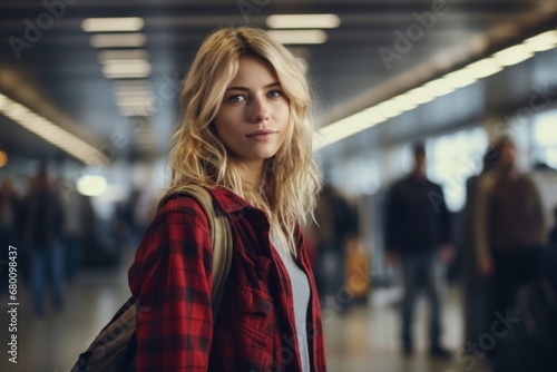 Portrait of a content woman in her 40s dressed in a relaxed flannel shirt against a busy airport terminal. AI Generation