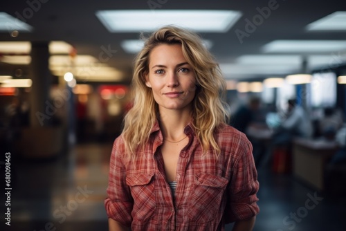 Portrait of a content woman in her 40s dressed in a relaxed flannel shirt against a busy airport terminal. AI Generation © CogniLens