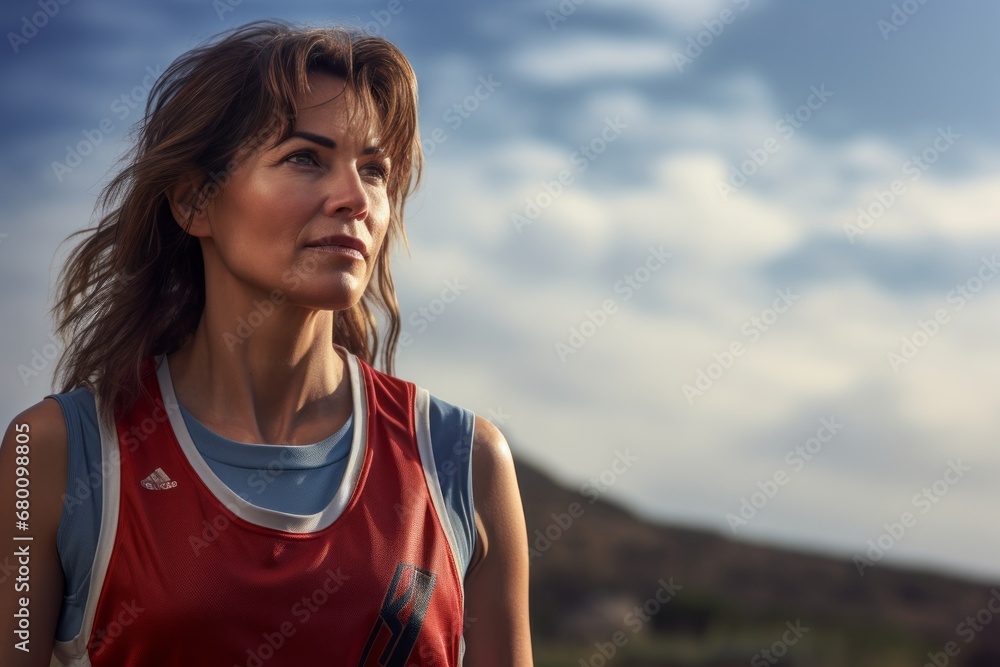 Portrait of a satisfied woman in her 40s dressed in a high-performance basketball jersey against a quiet countryside landscape. AI Generation Portrait of a satisfied woman in her 40s dressed in a high-performance basketball jersey against a quiet countryside landscape. AI Generation
