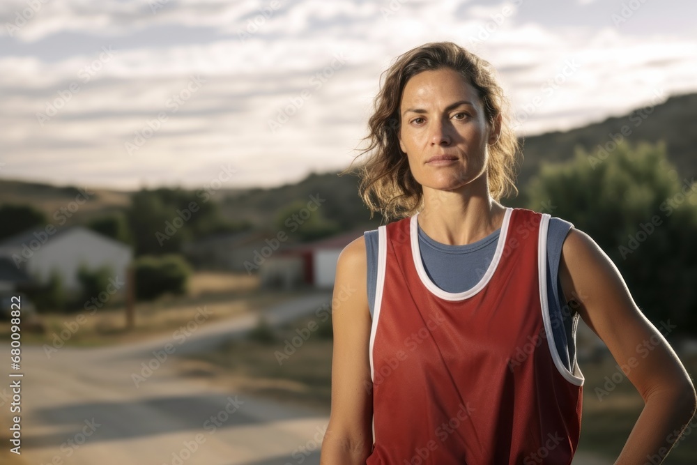 Portrait of a satisfied woman in her 40s dressed in a high-performance basketball jersey against a quiet countryside landscape. AI Generation Portrait of a satisfied woman in her 40s dressed in a high-performance basketball jersey against a quiet countryside landscape. AI Generation