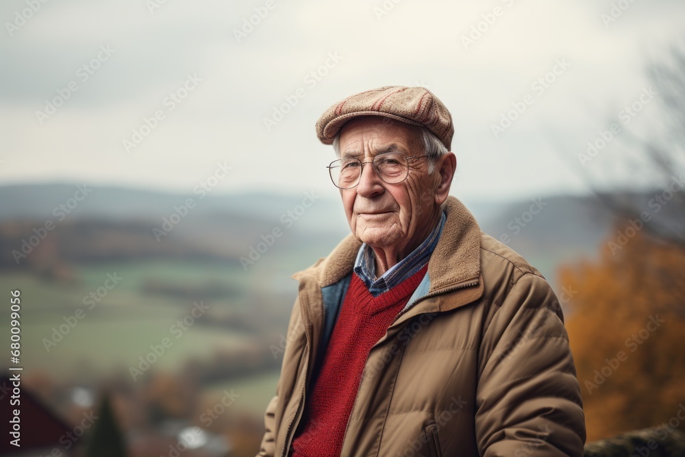 Portrait of a tender elderly man in his 90s dressed in a comfy fleece pullover against a quiet countryside landscape. AI Generation Portrait of a tender elderly man in his 90s dressed in a comfy fleece pullover against a quiet countryside landscape. AI Generation