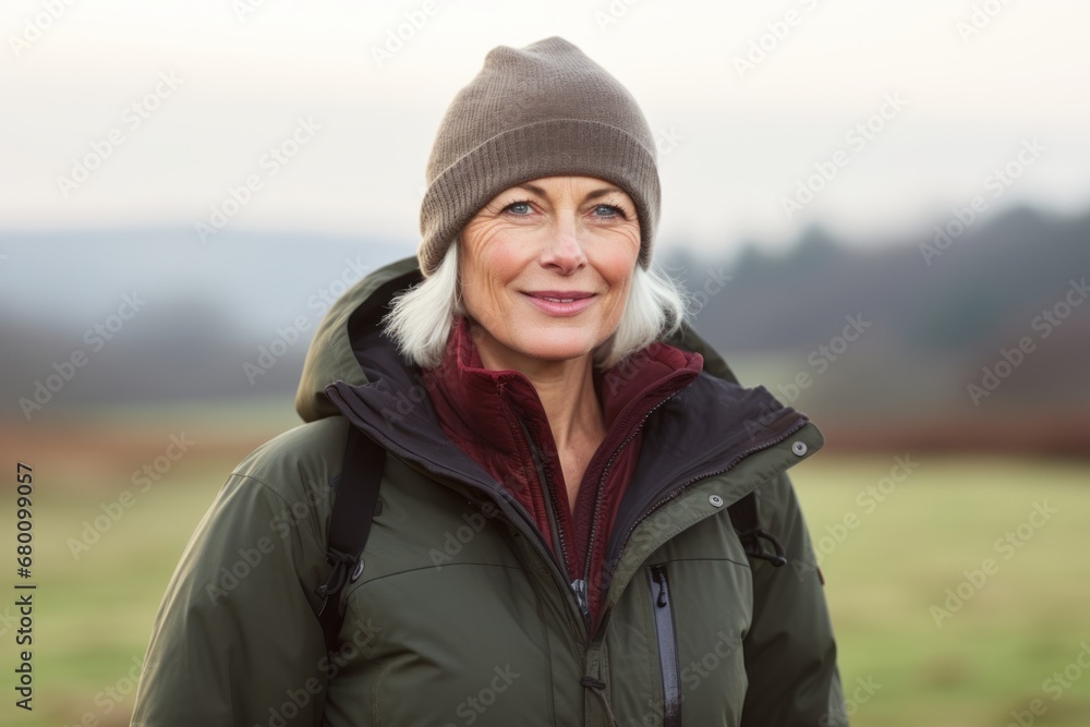 Portrait of a content woman in her 50s wearing a warm parka against a quiet countryside landscape. AI Generation