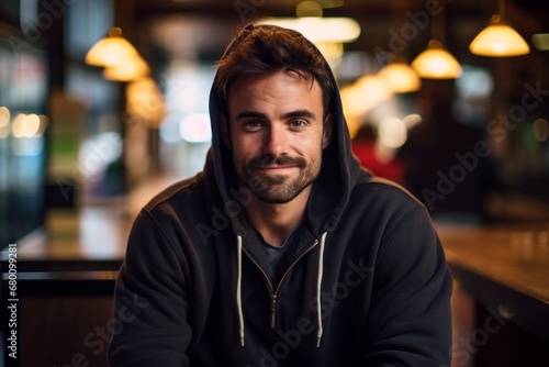 Portrait of a jovial man in his 30s sporting a comfortable hoodie against a bustling city cafe. AI Generation © CogniLens