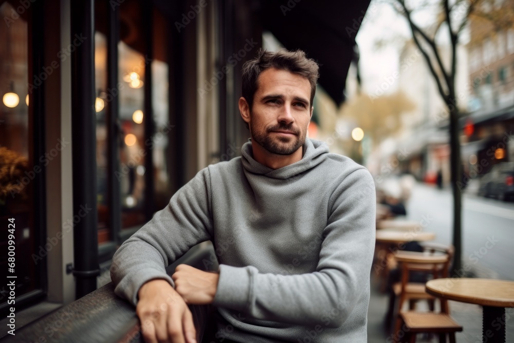 Portrait of a blissful man in his 30s wearing a thermal fleece pullover against a bustling city cafe. AI Generation