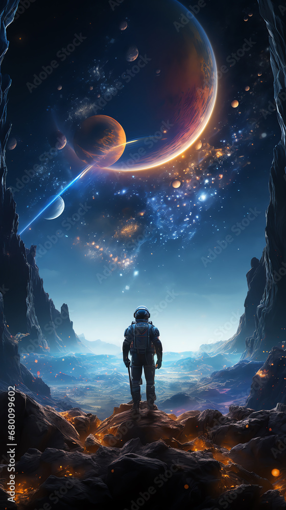 a man in space suit looking at planets and stars - obrazy, fototapety, plakaty 