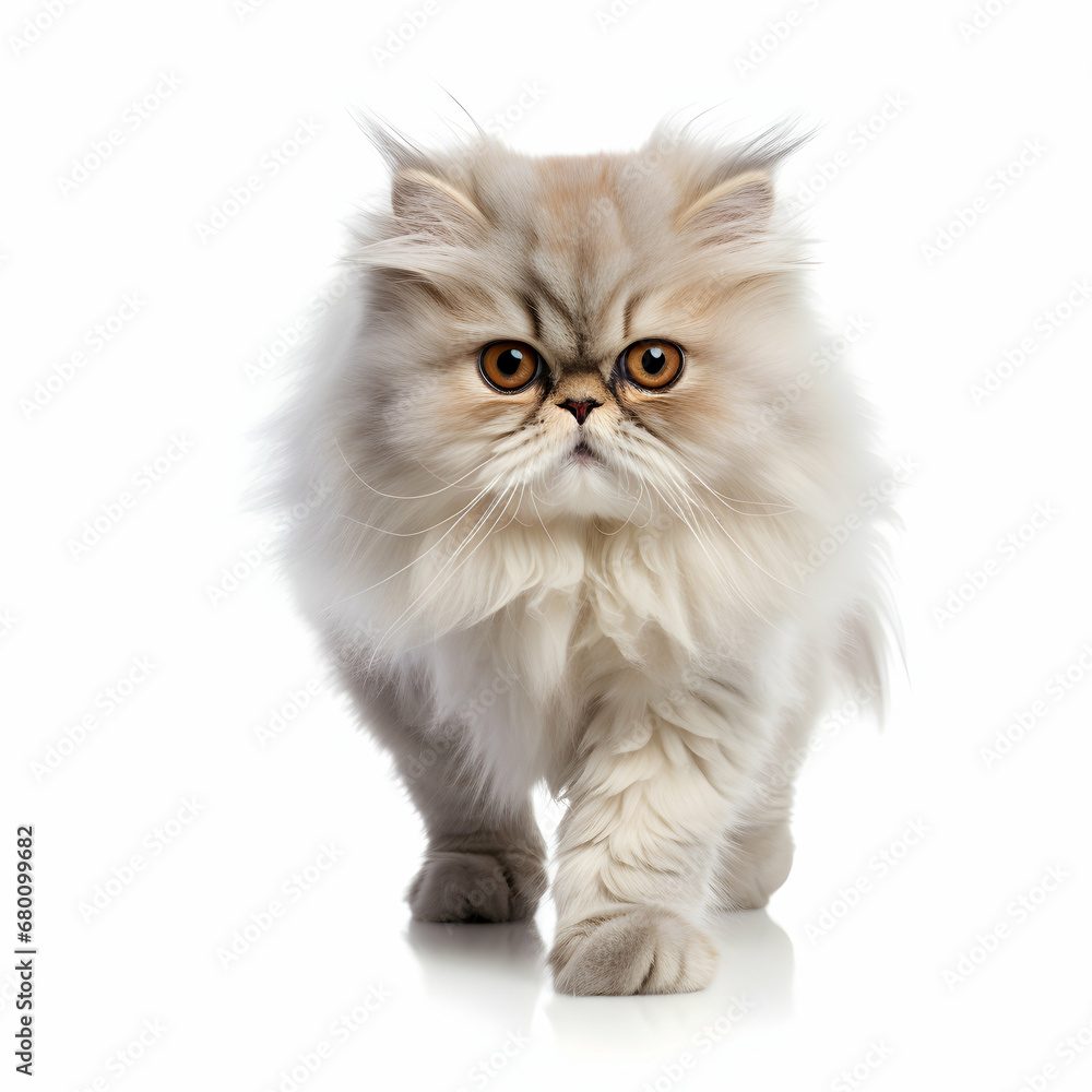 Persian cat walking on white isolated background, generative ai