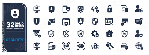 Security solid icons collection. Containing protection, safety, shield, privacy etc icons. For website marketing design, logo, app, template, ui, etc. Vector illustration.