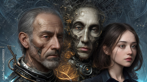 Explore the fusion of innovative technology and complexity in this AI-generated image. Intriguing man and woman heads filled with intricate ideas against a visually complex backdrop.