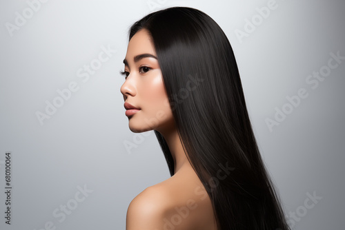 Profile portrait of beautiful brunette asian woman with long and shiny hair on the grey background photo