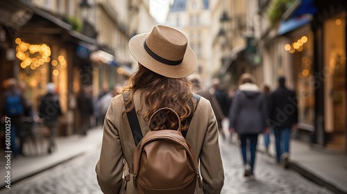 Young woman in hat and coat walking on the street in Paris, France