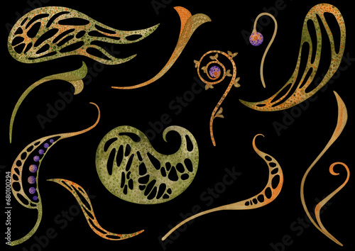 Obraz na plátne Set of watercolor drawings of leaves, seeds and stems of fictional plants isolat
