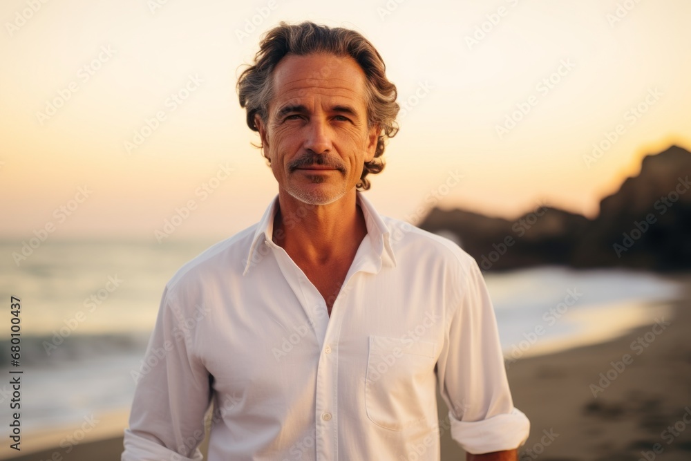 Portrait of a jovial man in his 50s wearing a classic white shirt against a beautiful beach sunset. AI Generation