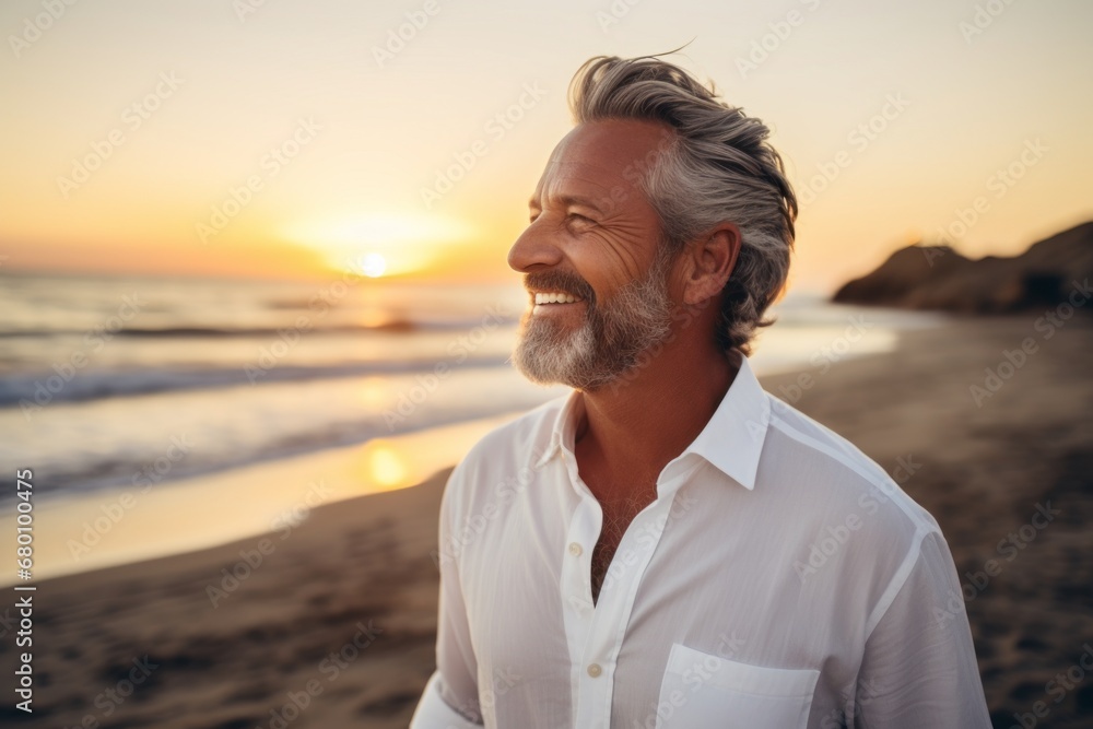 Portrait of a jovial man in his 50s wearing a classic white shirt against a beautiful beach sunset. AI Generation Portrait of a jovial man in his 50s wearing a classic white shirt against a beautiful beach sunset. AI Generation