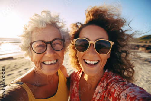 Selfie of mother and grandmother at the beach - happy mothers day