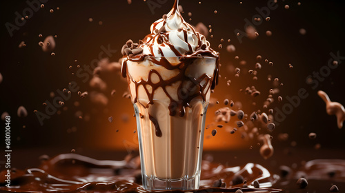Chocolate dessert, cold milkshake splash on dark studio background. Explosion of flavor. White cream on the top. Dessert poster idea. Generative AI.