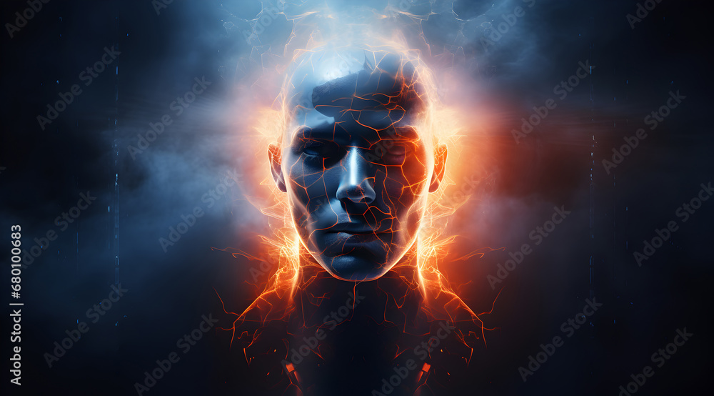 Abstract human head glowing with energy, symbolizing intelligence and futuristic concepts. Abstract human head glowing with energy, symbolizing intelligence and futuristic concepts.