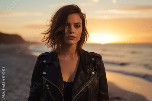 Portrait of a glad woman in her 20s sporting a classic leather jacket against a beautiful beach sunset. AI Generation