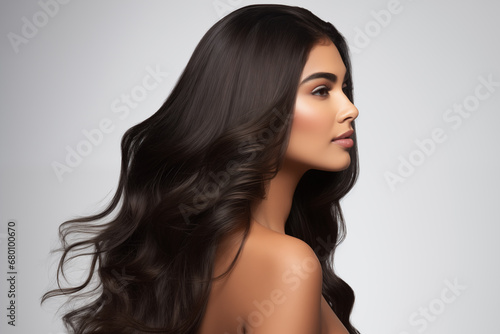 Profile portrait of beautiful brunette indian woman with long and shiny hair on the grey background