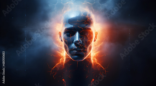 Abstract human head glowing with energy, symbolizing intelligence and futuristic concepts.