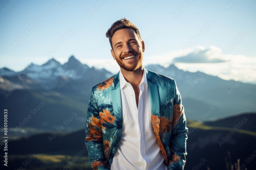 Portrait of a cheerful man in his 30s wearing a trendy bomber jacket against a backdrop of mountain peaks. AI Generation