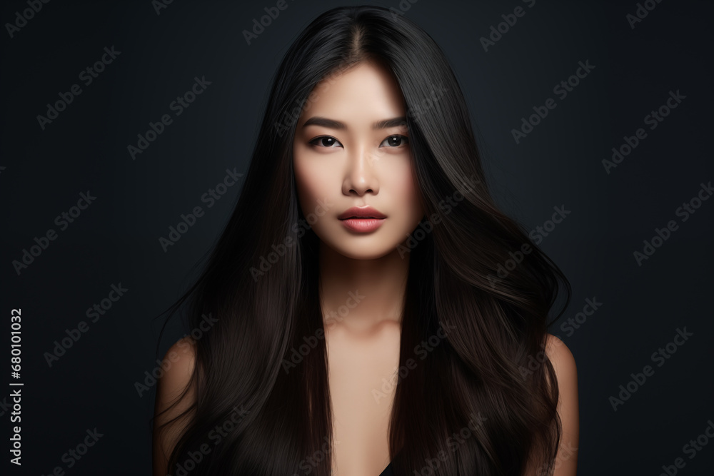 Beautiful asian woman with long and shiny straight hair looking at the camera on black background Beautiful asian woman with long and shiny straight hair looking at the camera on black background