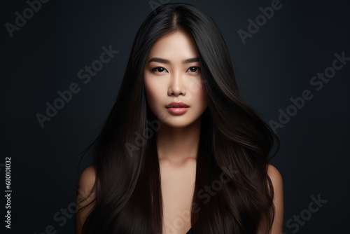 Beautiful asian woman with long and shiny straight hair looking at the camera on black background