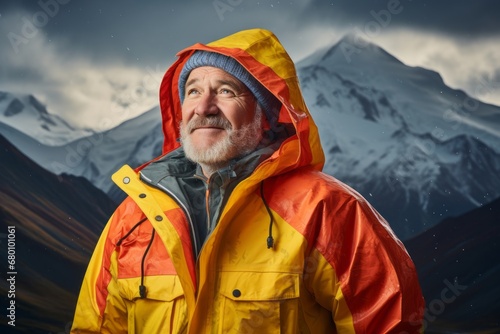 Portrait of a jovial man in his 50s wearing a vibrant raincoat against a backdrop of mountain peaks. AI Generation