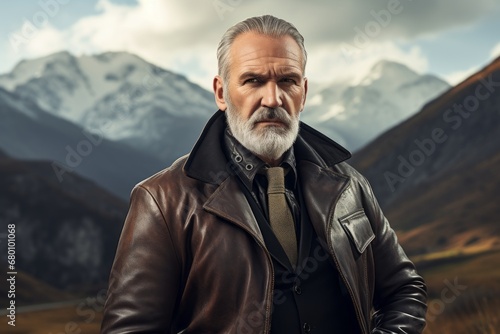 Portrait of a glad man in his 50s sporting a stylish leather blazer against a backdrop of mountain peaks. AI Generation