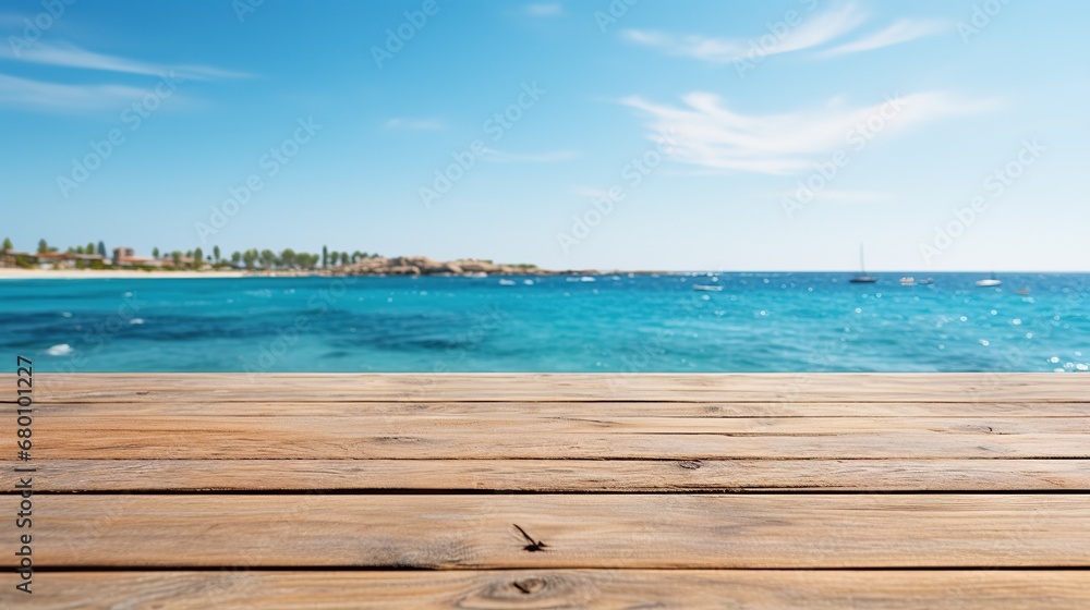 Wooden table top on sea background - can be used for display or montage your products