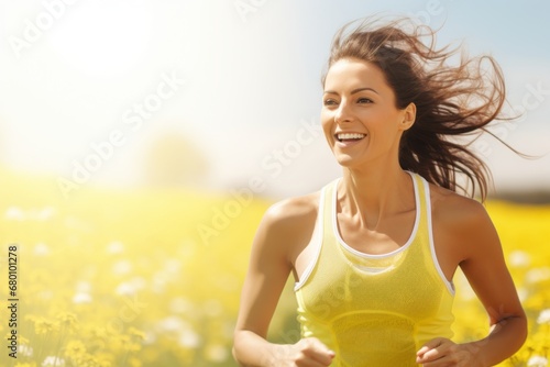 Portrait of a cheerful woman in her 30s wearing a lightweight running vest against a bright spring meadow. AI Generation