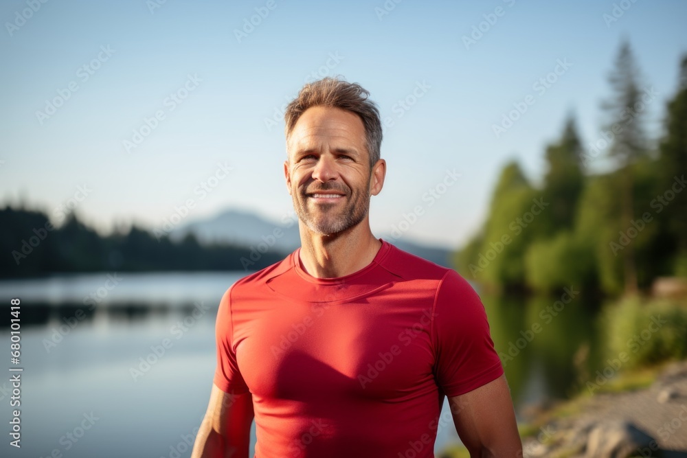 Portrait of a joyful man in his 40s wearing a moisture-wicking running shirt against a serene lakeside view. AI Generation Portrait of a joyful man in his 40s wearing a moisture-wicking running shirt against a serene lakeside view. AI Generation
