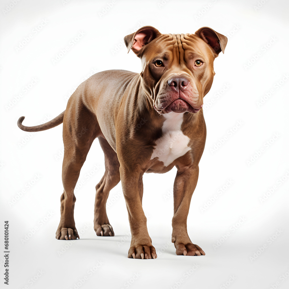 Pitbull dog standing or walking on white isolated background, studio light, generative ai Pitbull dog standing or walking on white isolated background, studio light, generative ai