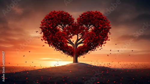 Red heart shaped tree at sunset  valentine s day template banner  seasonal wallpaper  generative ai