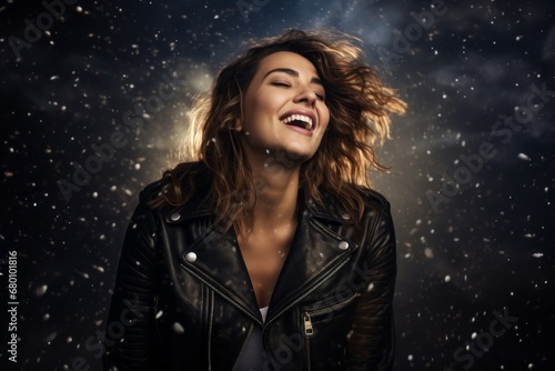 Portrait of a joyful woman in her 30s sporting a classic leather jacket against a backdrop of starlit galaxies. AI Generation