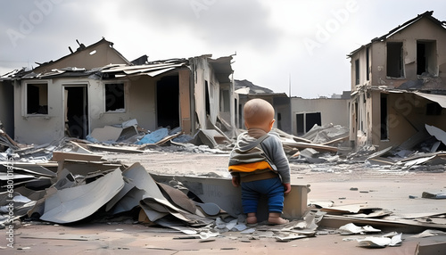 homeless baby/child looking at his destroyed house in war