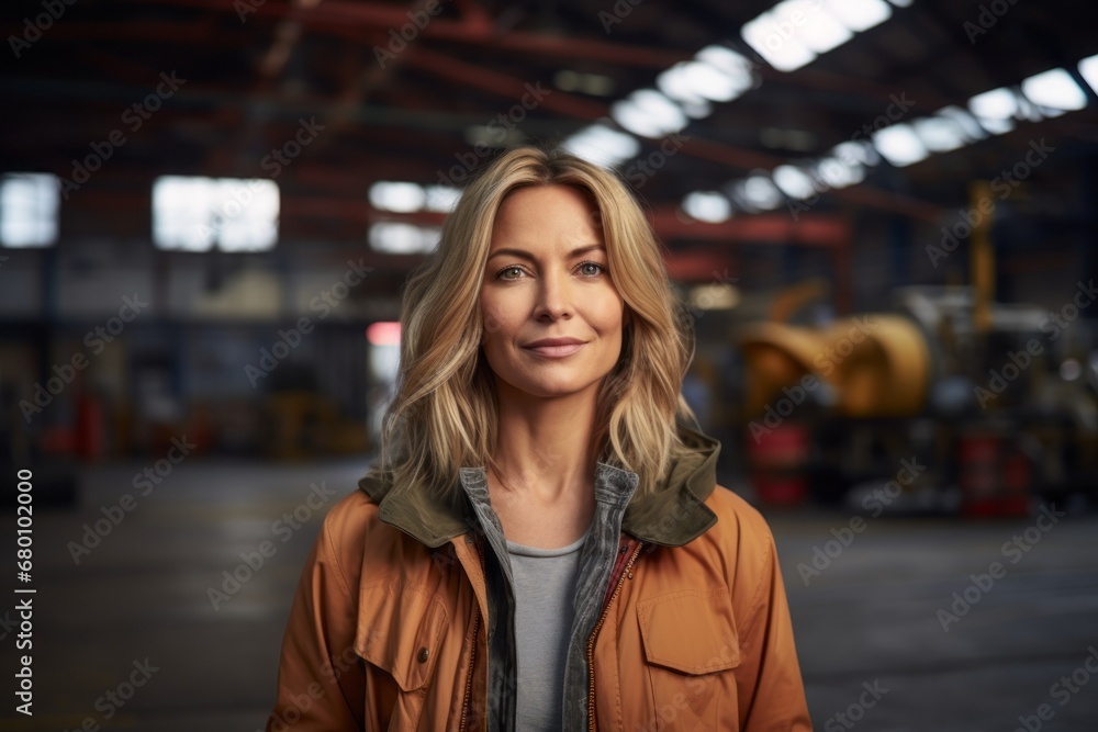 Portrait of a blissful woman in her 40s wearing a trendy bomber jacket against a bustling factory floor. AI Generation