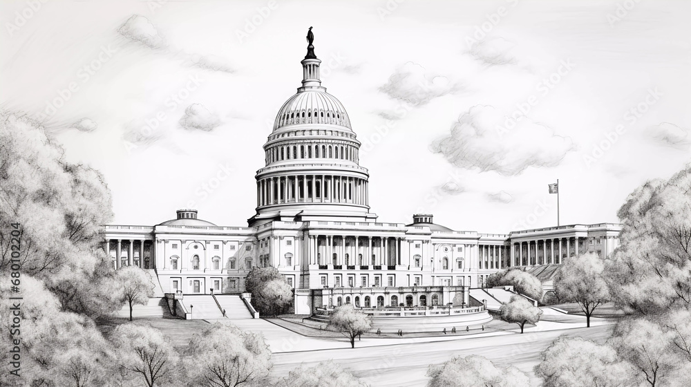 Drawing of Washington with landmark and popular for tourist attractions - obrazy, fototapety, plakaty 
