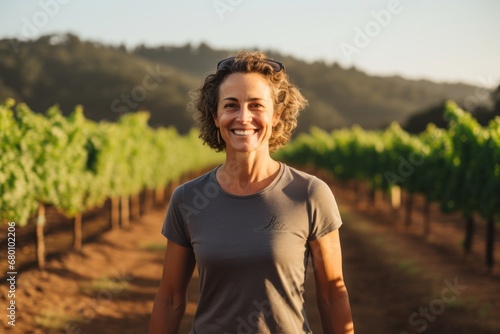 Portrait of a grinning woman in her 50s wearing a sporty polo shirt against a backdrop of rolling vineyards. AI Generation photo