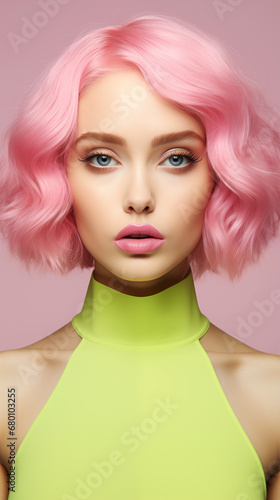 Close up portrait of beautiful young woman with pink hair on yellow background, ai generated