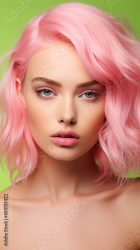 Close up portrait of beautiful young woman with pink hair on yellow background, ai generated
