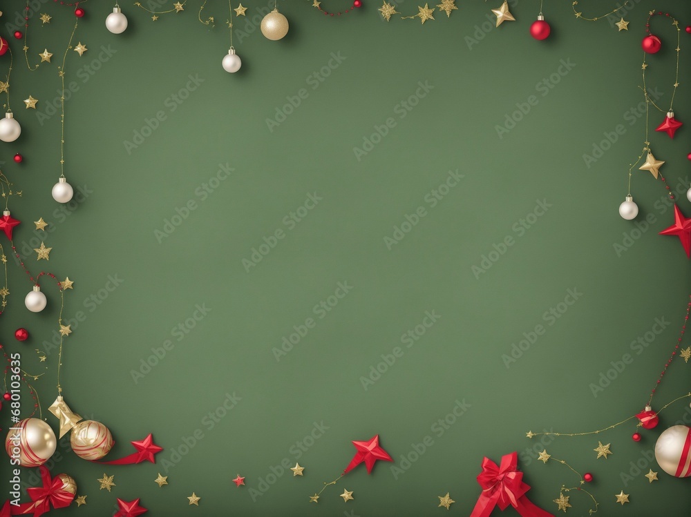 festive Christmas border with decorations on natural green background. Greetin card mock up