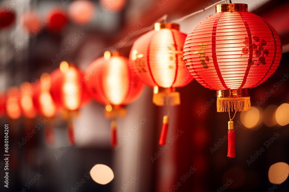 Chinese traditional red lanterns hanging in a lantern street. Generative AI Chinese traditional red lanterns hanging in a lantern street. Generative AI